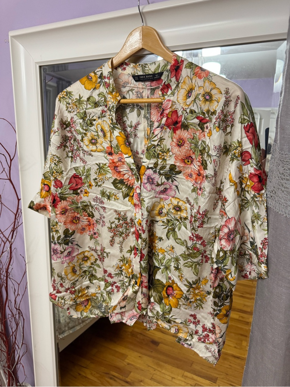 Zara Cream Floral Button-Up Jacket with Pink, Yellow & Green Blooms